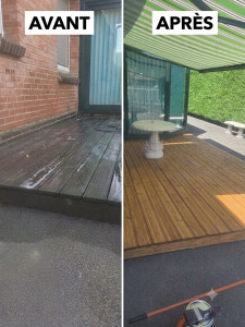 Photo de galerie - Rénovation avant/après d'une terrasse en bois.
Nettoyage et application de 2 couches de saturateur.. 