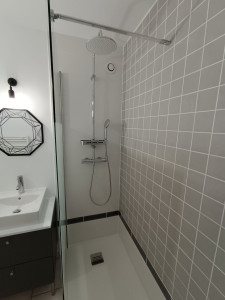 Photo de galerie - Remplacement baignoire par douche
- pose receveur, paroi
- faïence 
- raccordement et installation robinetterie