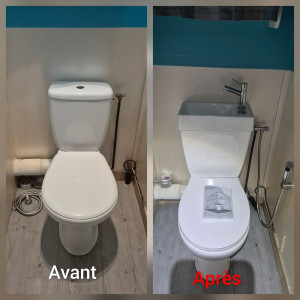 Photo de galerie - Dépose de l'ancien équipement sanitaire  et installation d'un nouveau bloc WC avec lave-mains intégré.