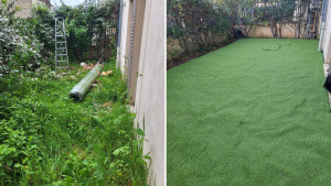 Photo de galerie - AVANT et APRES Débroussaillage, nettoyage, nivellement du terrain, pose d'une bâche géotextile anti repousse et d'un gazon synthétique pour un jardin propre, esthétique et durable.
