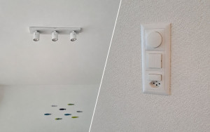 Photo de galerie - Installation et branchement d’un nouveau luminaire de salon avec ajout d’un variateur encastré. Intervention propre avec raccordement, réglage de l’intensité et contrôle final.