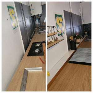 Photo de galerie - Création d une tablette sur 3m, afin de combler le vide entre le mur et le plan de travail.