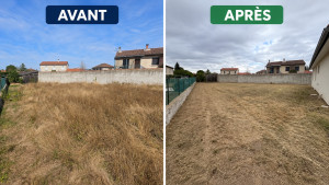 Photo de galerie - Avant / Après  Débroussaillage complet du terrain, herbes hautes coupées et terrain entièrement nettoyé. Un résultat propre, net et entretenu.  ( le soleil est l’ennemi de ce jardin …) 