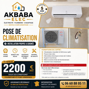 Photo de galerie - ❄️ Climatisation réversible 3,5 kW – Fourniture & pose
AKBABA ELEC vous propose l’installation de votre climatisation réversible 3,5 kW, idéale pour rafraîchir votre logement en été et le chauffer en hiver.
✅ Fourniture + pose à partir de 2 200 € HT