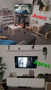 Photo de galerie - Montage et pose du meuble TV,
pose d'une étagère murale,
pose d'un support mural TV et installation de l'écran TV