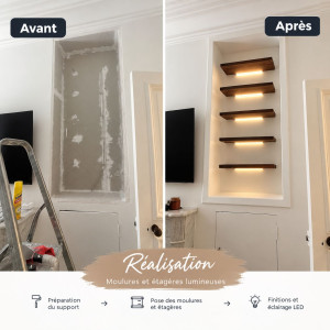 Photo de galerie - ✨ Nouvelle réalisation : moulures murales, étagères et éclairage LED ?
Un avant/après qui transforme complètement la pièce ! ?✨