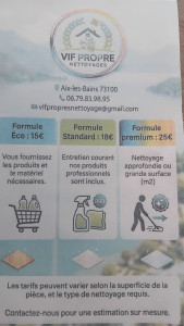 Photo de galerie -  VIF PROPRE NETTOYAGES VOUS PROPOSE SES FORMULES 
À VOUS DE DÉCOUVRIR ET CHOISIR LA MEILLEURE FORMULE QUI VOUS CONVIENT 
VIF PROPRE NETTOYAGES RÉPONDS À  VOS ATTENTES. 

