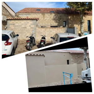 Photo de galerie - Voici un avant apres d'une façade avec un enduit monocouche finition taloche