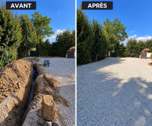 Photo de galerie - Réalisation d’une tranchée pour passage de canalisation, puis remblaiement et remise en état du terrain.