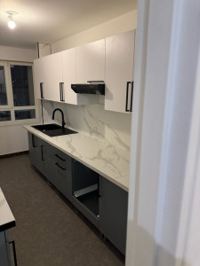 Photo de galerie - Réalisation d’une cuisine moderne : montage des meubles, pose du plan de travail et installation de l’évier. Travail propre et professionnel.