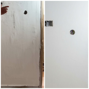 Photo de galerie - Rénovation complète d'un mur très abîmé. Application de 2 couches d'enduit de rebouchage puis 1 couche d'enduit de finition pour un résultat parfaitement lisse et prêt à peindre.