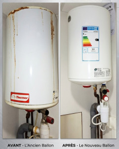 Photo de galerie - Remplacement d’un ballon d’eau chaude percé et hors service par un ballon neuf.