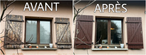 Photo de galerie -  Rénovation complète de volets en bois – Avant / Après Ponçage soigné, restauration du bois puis application d’une peinture haute couvrance, spécialement conçue pour protéger le bois contre l’humidité et les UV (soleil) ☀️?. 