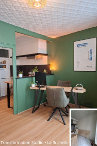 Photo de galerie - Transformation d'un studio en bureau à La Rochelle : peinture murs et plafond, pose de dalle PVC clipsable et dépose de l'ancienne tête de lit. Un espace repensé, fonctionnel et moderne.