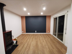 Photo de galerie - Rénovation complète d'un salon: retrait papier peint, reprise des enduits, peinture, ajout de 4 spots, pose de parquet PVC, pose d'une plaque anti chaleur sous poêle à bois, remplacement des interrupteurs et prises électriques, pose de plinthes.