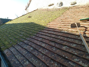 Photo de galerie - Démoussage nettoyage toiture gouttière et passage d un produit hydrofuge anti mousse 