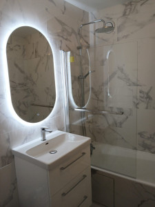 Photo de galerie - Rénovation d'une salle de bain 
montage de meuble 
le miroir 