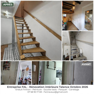 Photo de galerie - Bonjour les voisins,

Chantier terminé à Talence :
- Enduit finition + peinture
- Rénovation escalier en bois
- Pose parquet
- Carrelage sur lavabo
- Rénovation intérieure complète

Travail propre et soigné.
Photos réelles du chantier.

? Talence / 