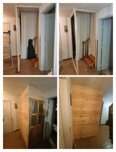 Photo de galerie - Réalisation sas d'entrée ( cloisons lambri et installation d'une porte en bois vitrée)