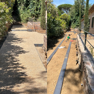 Photo de galerie - Réalisation d’un chemin avec pose de platines en fer (fabrication et soudure), préparation du sol, mise en place de tout-venant compacté, puis finition en gravier.  Avant / Après : Aménagement d’un chemin propre et stable.