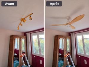 Photo de galerie - Remplacement d’un ancien luminaire par un ventilateur de plafond avec éclairage intégré, pour allier confort, fraîcheur et modernité.
