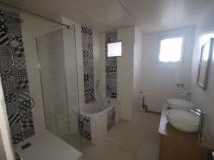 Photo de galerie - Rénovation d'une salle de bain, pose d'un receveur de douche, pose d'une petite baignoire, pose d'un ensemble meuble vasques bol