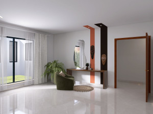 Photo de galerie - Conception 3D d'un coin coiffeuse dans le même esprit : terracotta, rotin et lumière dorée. Un espace vanité élégant et cohérent avec le reste de la chambre.