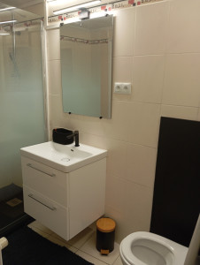 Photo de galerie - Montage meuble vasque et plomberie associée, pose du miroir et des prises électriques 