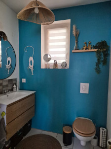 Photo de galerie - Peinture réalisée par mes soins, avec pose de toute la déco, miroir étagère et luminaire.