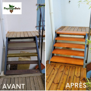 Photo de galerie - Rénovation et sécurisation d'un escalier devenu dangereux avec de belles marches en bois exotique.