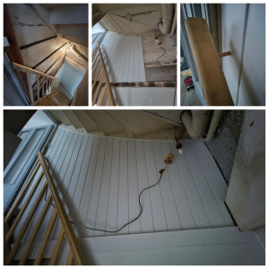 Photo de galerie - Pose d'un lambris pvc et fixation rambarde d'escalier. 