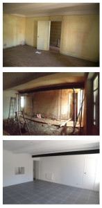 Photo de galerie - Agrandissement salon. Ouverture cloison brique, pose IPN, isolation, électricité, carrelage, peinture.