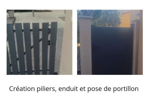 Photo de galerie - Suppression portillon alu, création de pilliers béton et enduits, pose de portillon