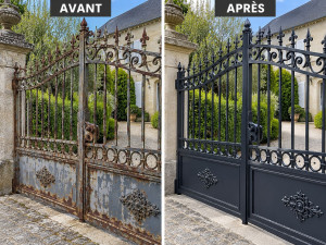 Photo de galerie - Peinture sur portail avant après 