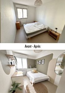 Photo de galerie - Chambre d’un appartement en location étudiante : conception du projet de décoration, réalisation des travaux, mise en place du mobilier et montage des meubles.