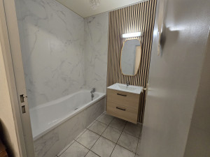 Photo de galerie - Pose de lambris PVC au mur et remplacement d'un meuble vasque