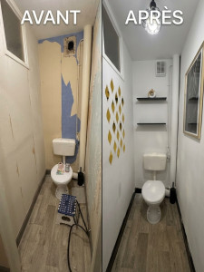 Photo de galerie - Rénovation du cabinet de toilette, enlèvement du papier peint, re bouchage des trous,  peinture, mise en place des étagères, mise en place des décorations et cadre
