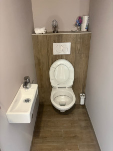 Photo de galerie - WC indépendant, moderne et fonctionnel. Cuvette suspendue avec chasse encastrée. Mur arrière et sol en finition effet bois pour une ambiance chaleureuse.