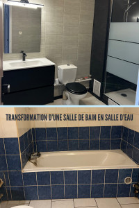 Photo de galerie - Modernisation d’une salle de bain : pose de revêtement PVC, changement des meubles, pose de parquet