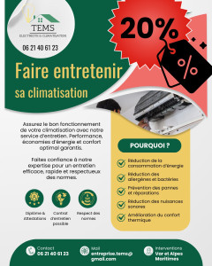 Photo de galerie - -20 % sur l’entretien de votre climatisation !
Profitez de notre offre pré-saison  pour faire entretenir votre clim et garantir un fonctionnement optimal cet été.

? Offre limitée jusqu'au 31 mai 
