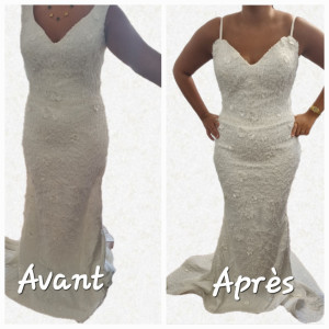 Photo de galerie - Transformation haut de la robe en robe bustier avec fines bretelles sur pression.
Transformation bas de la robe en robe sirène. 