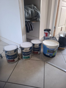 Photo de galerie - Préparation des peintures avant application :
_Grandes boîtes de peinture prêtes, mélange et préparation soignés avant l’application sur le mur.
_Travail propre et organisé, prêt pour un résultat final impeccable.