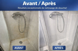 Photo de galerie - Nettoyage en profondeur d’une douche avec élimination du calcaire, des traces et des salissures. Résultat : une douche propre, brillante et comme neuve.