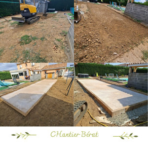 Photo de galerie - Chantier Bérat création terrain de pétanque 10x3 avec traverses de chêne.