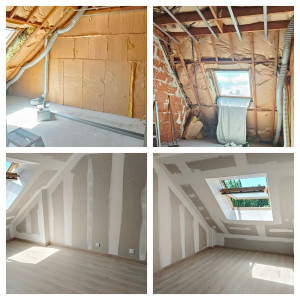 Photo de galerie - Réalisation d'une chambre sous comble.
ferraillage, électricité,placo,bandes et pose d'un sol et plinthes.