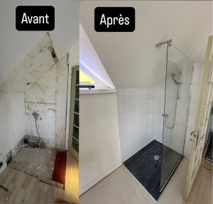 Photo de galerie - Après rénovation, la pièce a été entièrement transformée en une salle de douche moderne et propre avec :