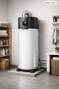 Photo de galerie - Le cumulus thermodynamique chauffe l’eau sanitaire en utilisant les calories de l’air ambiant. Il offre une eau chaude constante tout en réduisant la consommation électrique.
