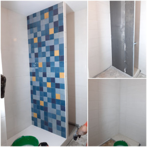 Photo de galerie - Construction douche avec placard pour optimiser l'espace d'une petite salle d'eau.