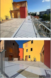 Photo de galerie - Mise en œuvre d’un complexe d’étanchéité PVC isolé sous protection lourde par dalles céramiques et lames bois, application d’une résine au droit des balcons