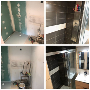 Photo de galerie - Rénovation complète d'une salle de bain
Démolition de l existant 
pose de placo
pose bac a douche + porte 
pose de carrelage 
reprise de la plomberie 
fixation des robinets
